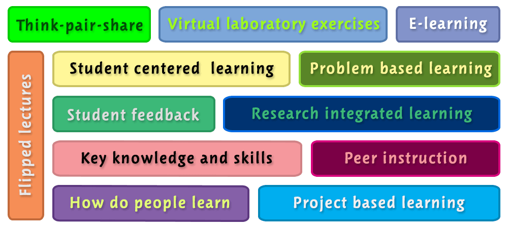 Think-pair-share, Peer instruction, Student feedback, Flipped lectures, How do people learn, Key knowledge and skills, E-learning, Problem based learning, Research integrated learning, Virtual laboratory exercises, Student centrered learning, Project based learning - workshop - NBS